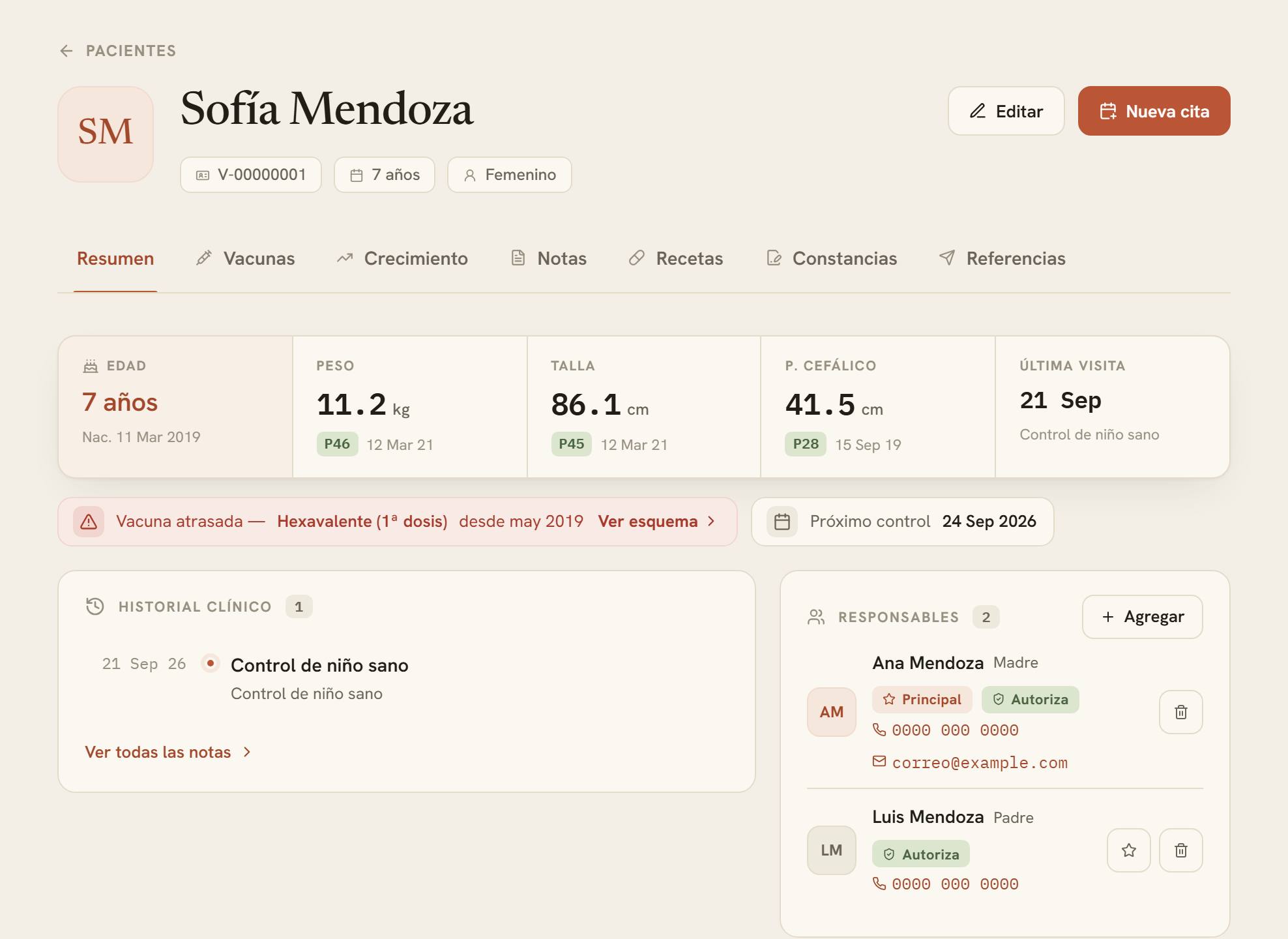 La ficha de una paciente en Atrium, con sus pestañas de vacunas, crecimiento, notas, recetas, constancias y referencias