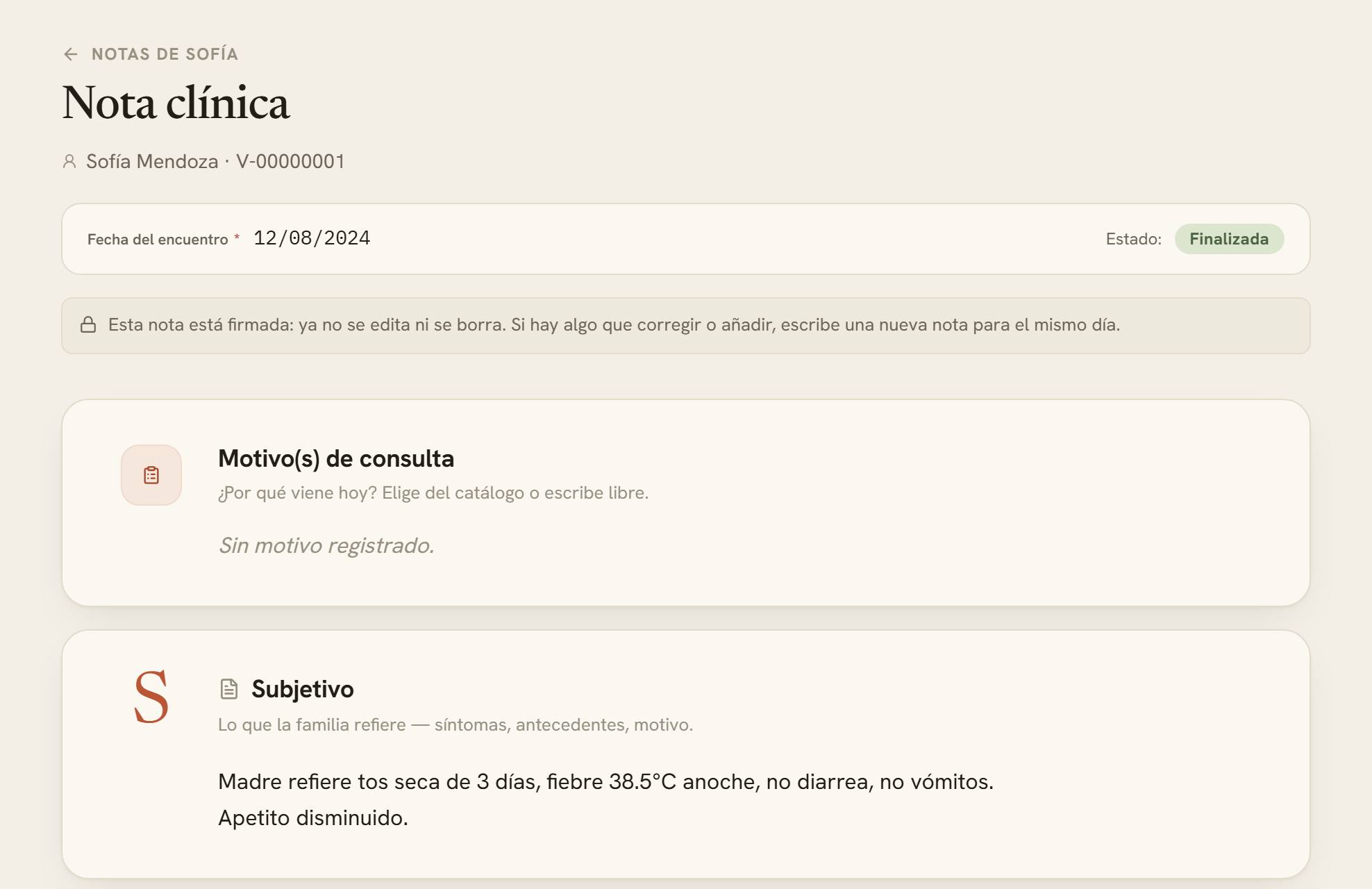 Una nota de consulta firmada en Atrium, con el aviso de que ya no se edita ni se borra