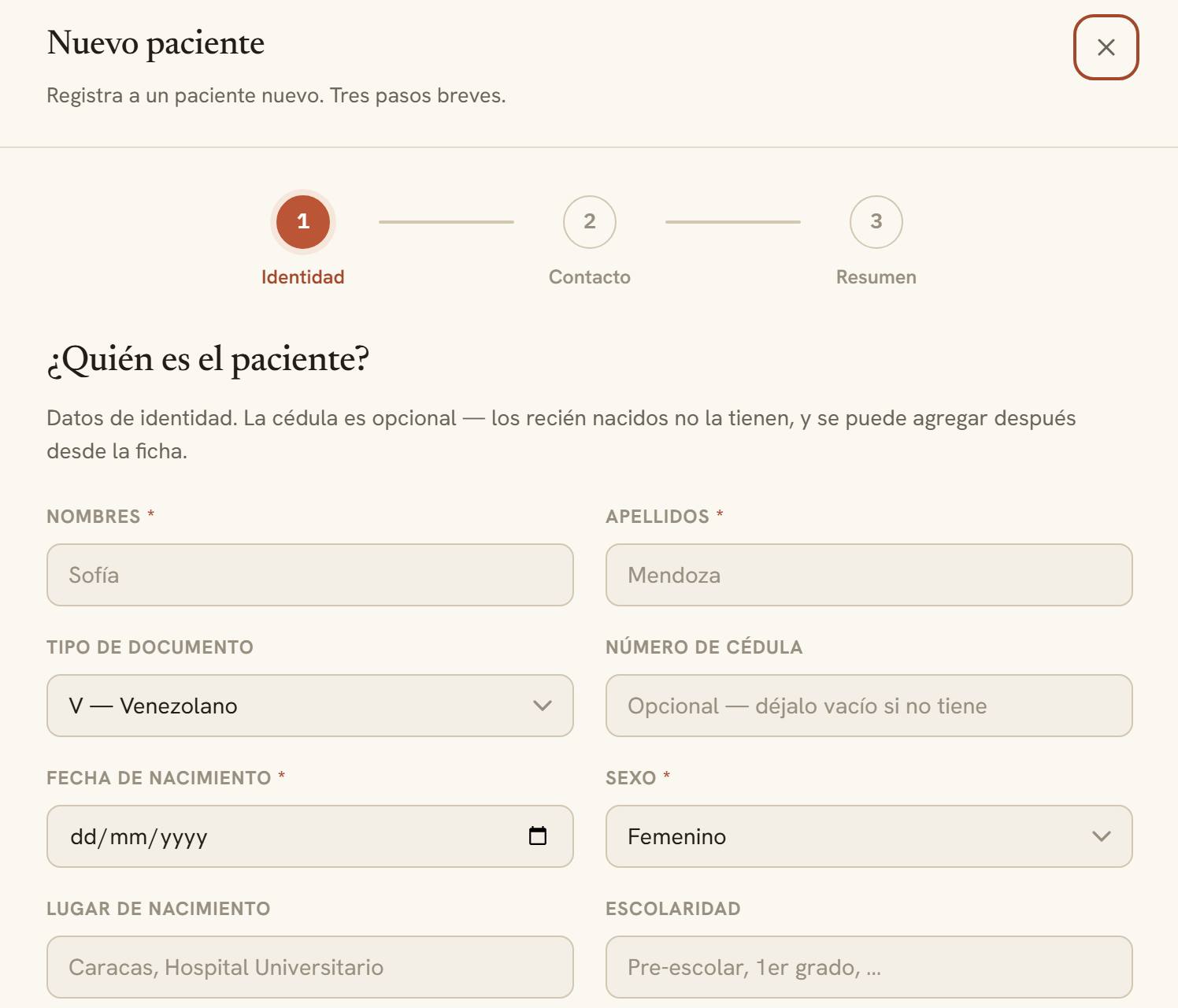 El registro de un paciente nuevo en Atrium, con la cédula como dato opcional